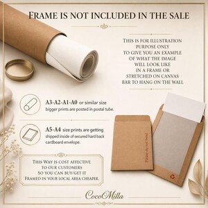 May include: A rolled canvas print with a gold cap, a brown postal tube, and two brown envelopes. Text on the image states "FRAME IS NOT INCLUDED IN THE SALE" and details about print sizes and packaging.