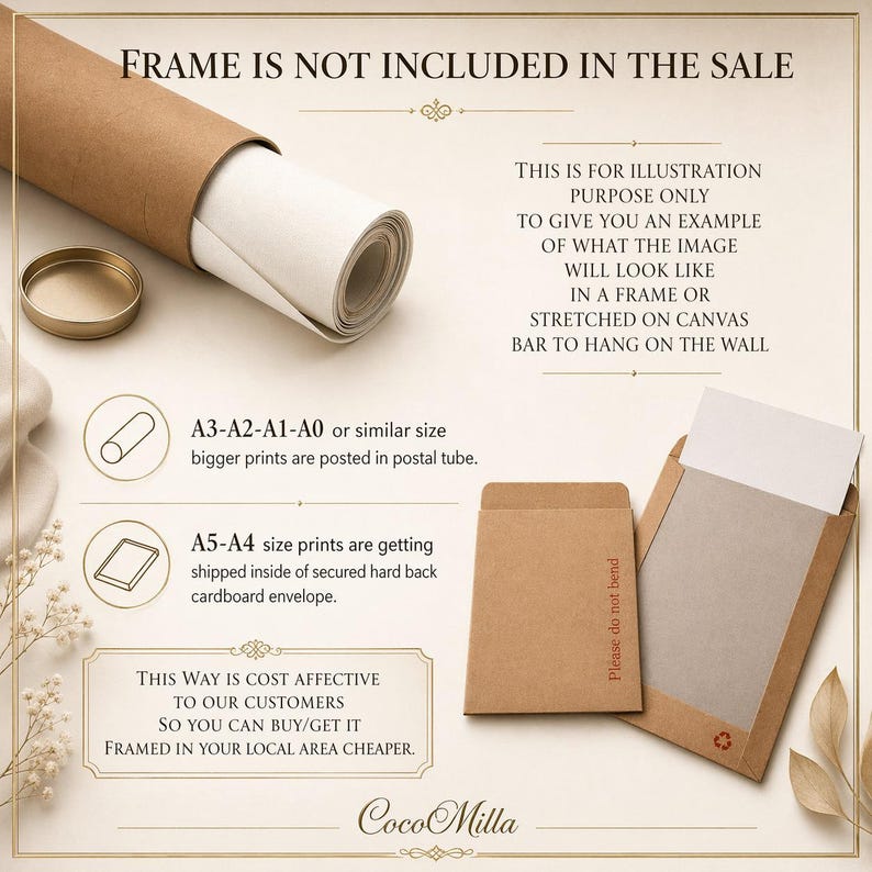 May include: A rolled canvas print with a gold cap, a brown postal tube, and two brown envelopes. Text on the image states "FRAME IS NOT INCLUDED IN THE SALE" and details about print sizes and packaging.