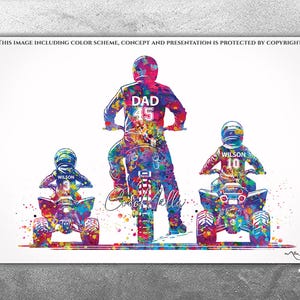 Personalised Dad and two Son Quad Bike Rider Watercolor Print Couple ATV Rider Dirty Bike Sports Wall Art For Him Man Cave Decor-2967