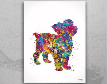 Pode incluir: Uma pintura aquarela colorida de um cão pequeno. O cão é de cor marrom claro com um peito branco e uma cauda fofa. A pintura é feita em uma variedade de cores, incluindo rosa, azul, verde, amarelo e laranja.