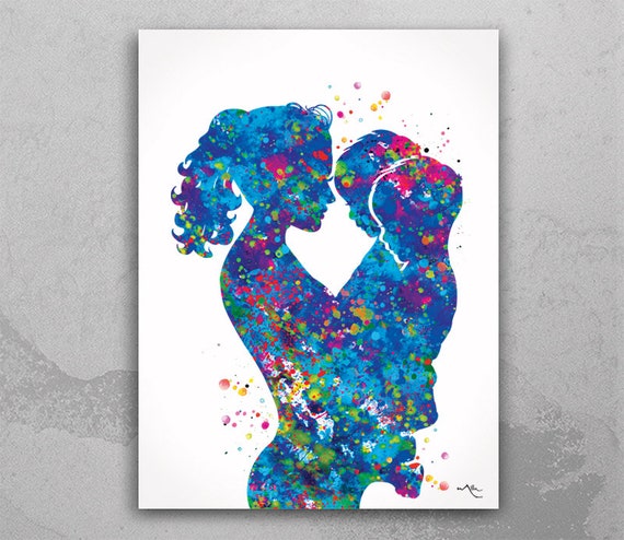 Mother and Two Sons Watercolor Print, Nursery Decor Art-781