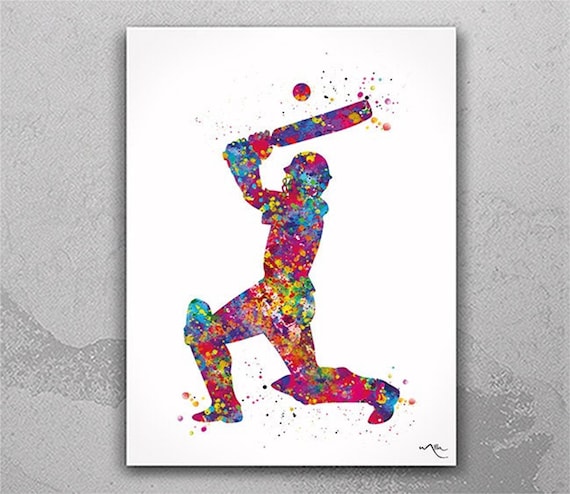 Cricket Player Watercolor Art Print, Boys Sports Wall Decor-403