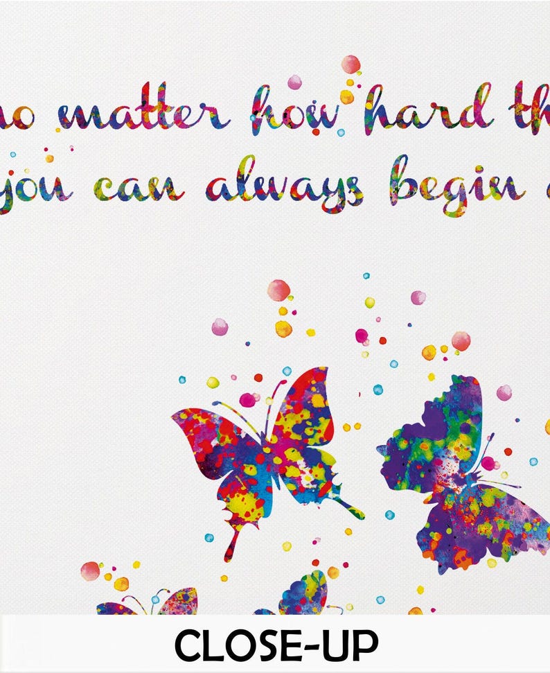 May include: A colorful inspirational quote, "No matter how hard things get, you can always begin again", with a white background and three colorful butterflies with paint splatters.