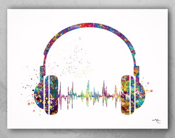 Headphone Watercolor Print Music Art Wall Art Earphones Poster Room Decor Gift DJ Gift Teen Room Bedroom Musical Decor Art Music Studio-1515