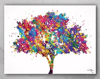 Colorful Tree Watercolor Art Print, Nature Wall Decor-274