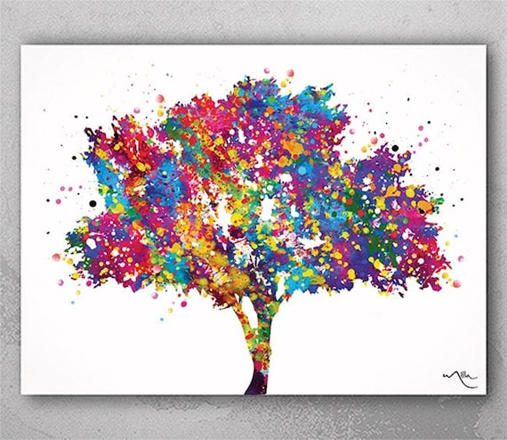 Colorful Tree Watercolor Art Print, Nature Wall Decor-274