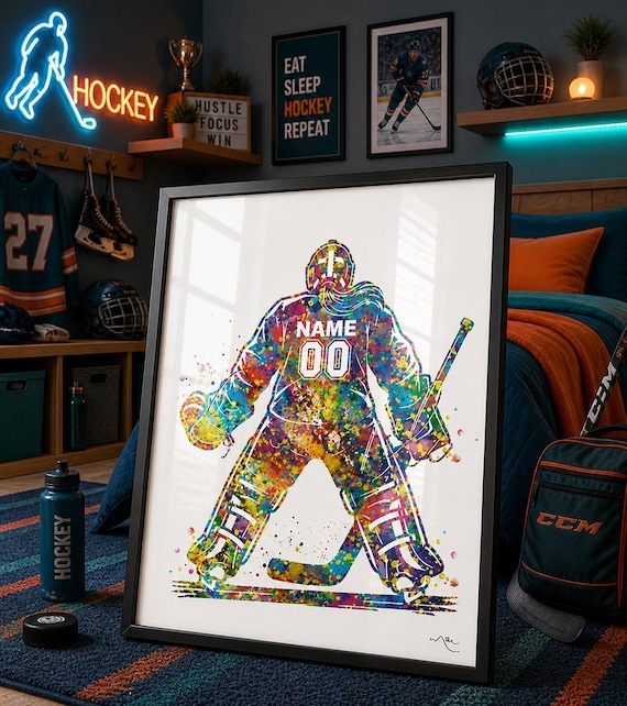 Personalized Hockey Female Goalie Watercolor Print, Teen Girl Room Decor-3038