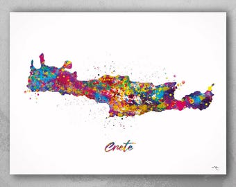 Crete Island Map Art Print, Watercolor Style Greece Wall Art-2264