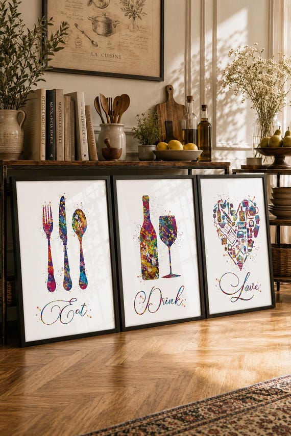 Kitchen Art Prints, Watercolor Eat Drink Love Set of 3-1932
