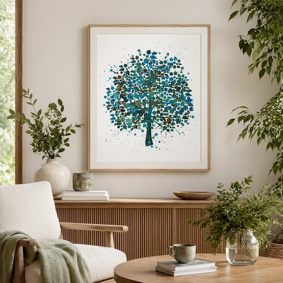 Tree Art, Patina Blue, Watercolor Print, Nature Wall Art Decor-3034