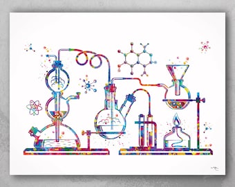 Chemistry Laboratory Watercolor Print Chemistry Lab Medical Art Microbiology Cool Science Chemist Gift Clinic Scientific Tools Wall Art-2317