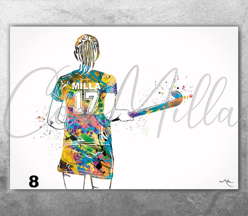 Field Hockey Player Women Girl Female Personalized Watercolor Print Sports Girl Teen Room Decor Personalized Gift Customize Wall Art-2387 image 8