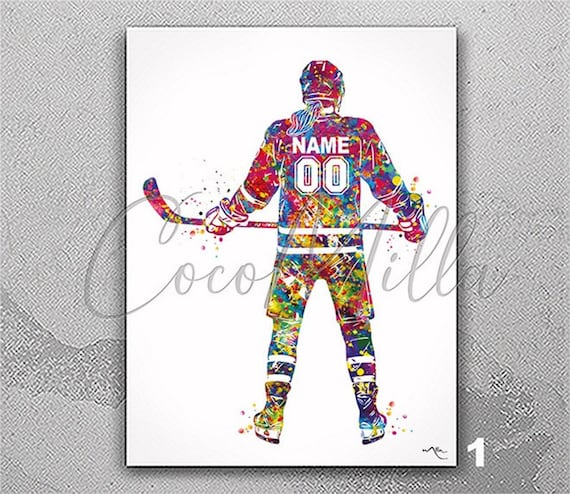 Personalized Hockey Player Watercolor Print – Teen Boy Room Decor-2857