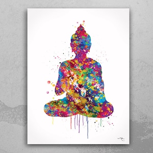 May include: A colorful watercolor print of a seated Buddha figure. The artwork features a silhouette filled with vibrant splashes of red, blue, yellow, and green, creating a dynamic and spiritual image on a white background.