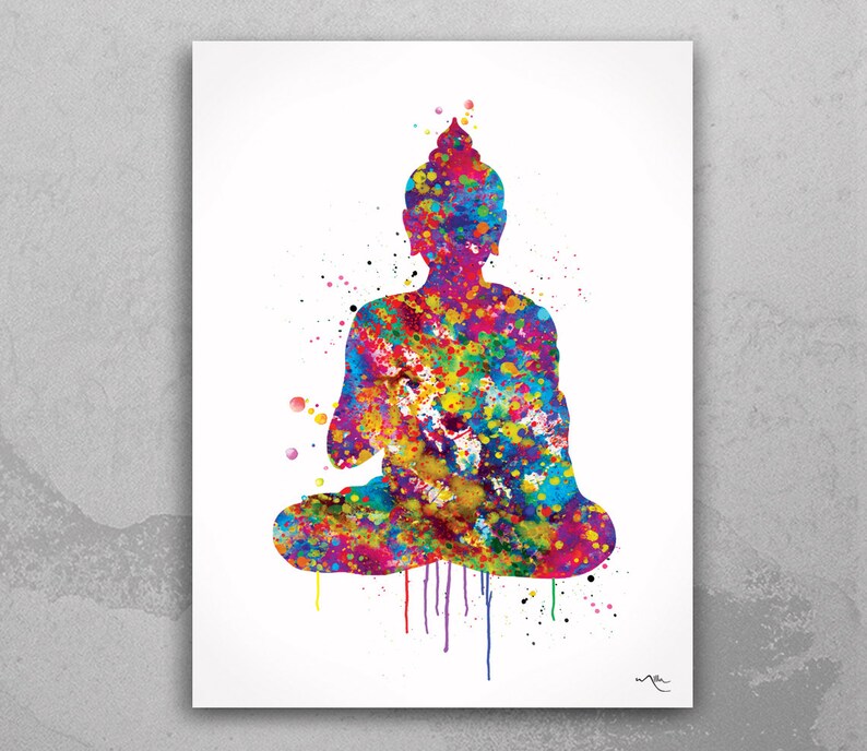 May include: A colorful watercolor print of a seated Buddha figure. The artwork features a silhouette filled with vibrant splashes of red, blue, yellow, and green, creating a dynamic and spiritual image on a white background.