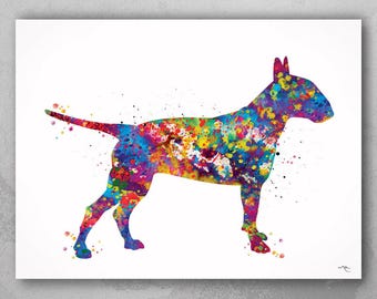 Bull Terrier Watercolor Print, Colorful Dog Art-582