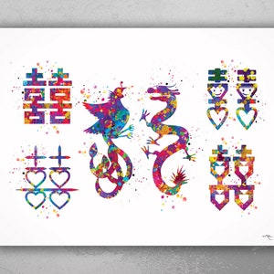 Phoenix and Dragon Double Happiness Watercolor Print Love Quote Print Wedding Gift Wall Art Chinese Valentine Calligraphy Wall Hanging-333