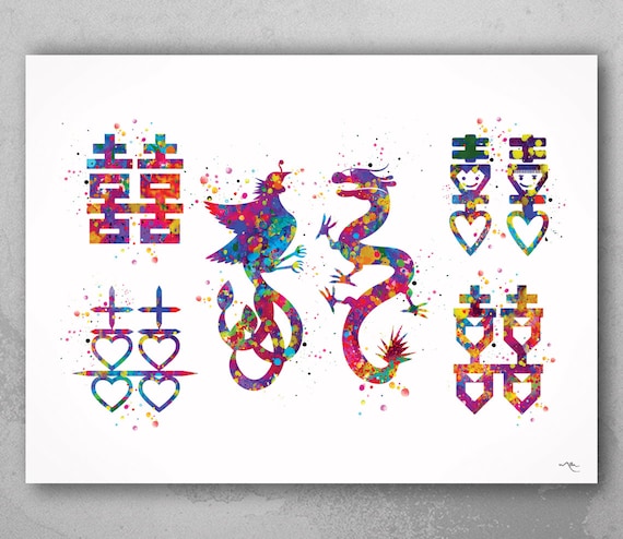 Phoenix and Dragon Watercolor Print, Chinese Double Happiness Symbol-333