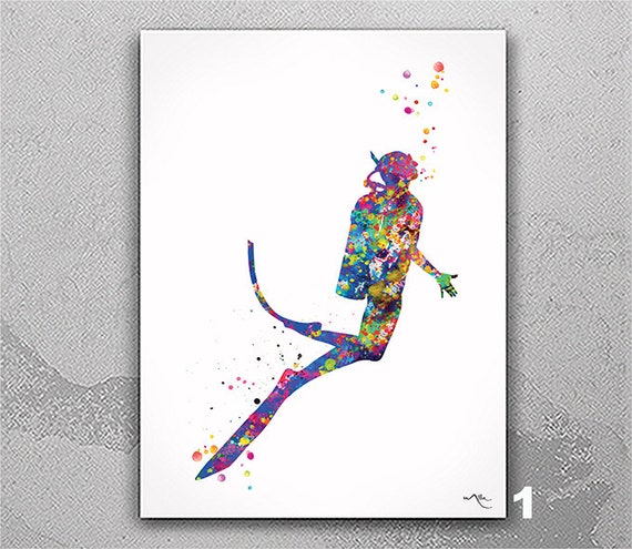 Scuba Diver Watercolor Art Print, Sport Home Decor-2744