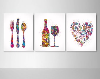 Kitchen Art Watercolor Print Eat Drink Love Set of 3 Kitchen Wall Art Housewarming Gift Food and Drink Dining Room Wall Decor Dine Room-2416