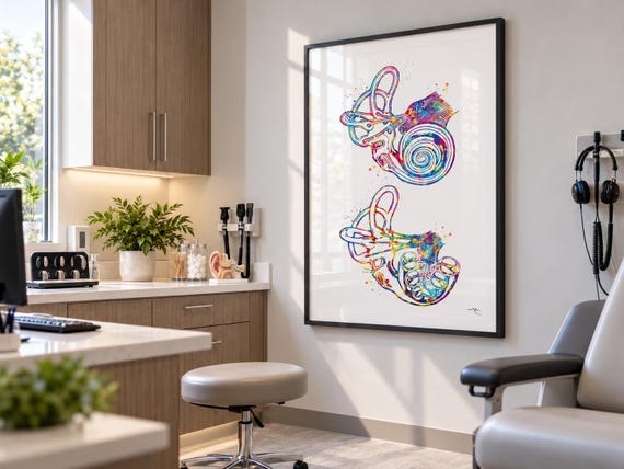 Inner Ear Anatomy Watercolor Print, Audiology Clinic Decor-1085