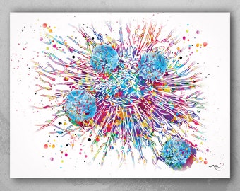 T-Cells Watercolor Print Immune Cells Medical Art Science Histology T Cell Attacking Cancer Art Oncology immunology Clinic Office Chemo-1807