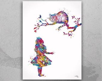 Alice in Wonderland Watercolor Art Print, Cheshire Cat Kids Room Decor-98