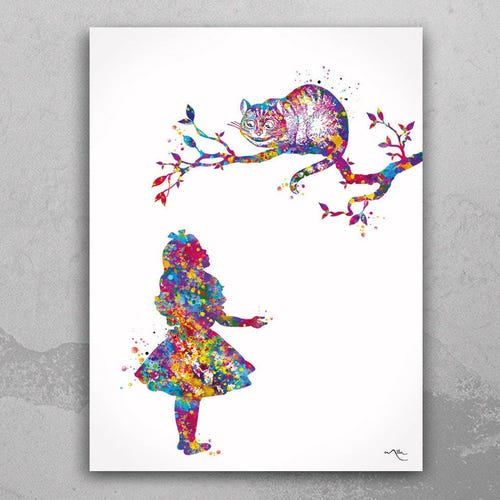 Alice in Wonderland Watercolor Art Print, Cheshire Cat Kids Room Decor-98