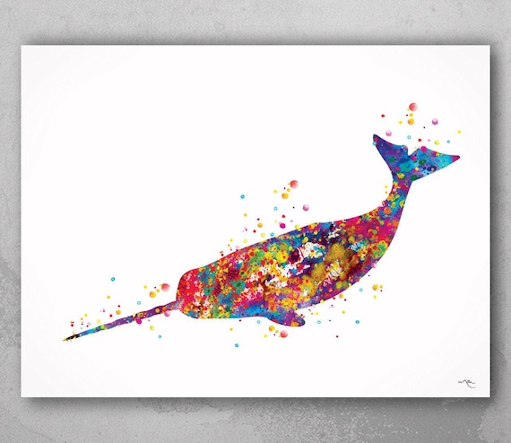 Colorful Narwhal Watercolor Print, Sea Life Art-295
