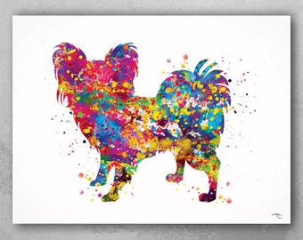 May include: A colorful watercolor painting of a papillon dog. The dog is depicted in a standing pose with its ears perked up. The painting is done in a variety of bright colors, including pink, blue, green, and yellow.