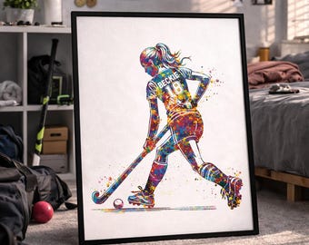 Personalized Field Hockey Girl Watercolor Print, Teen Room Decor-2916