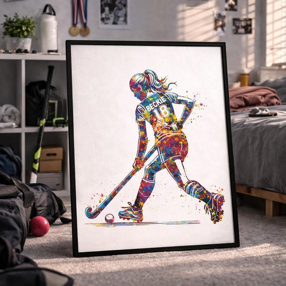 Personalized Field Hockey Girl Watercolor Print, Teen Room Decor-2916