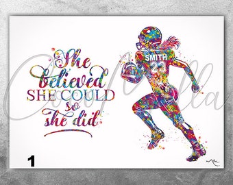 American Football Player Girl Personelized Watercolor Print Football Player Female Woman Gift Customize Gift Wall Art Christmas Gift-2802