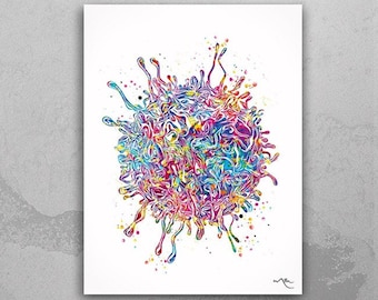 Puede incluir: Una ilustración abstracta colorida de una célula con una forma de estrella de explosión. La célula está representada en tonos de rosa, azul, amarillo y verde.