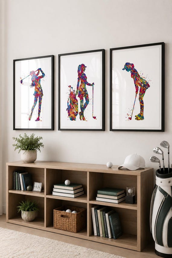 Golf Player Woman Watercolor Print Set of 3, Sports Art-2736