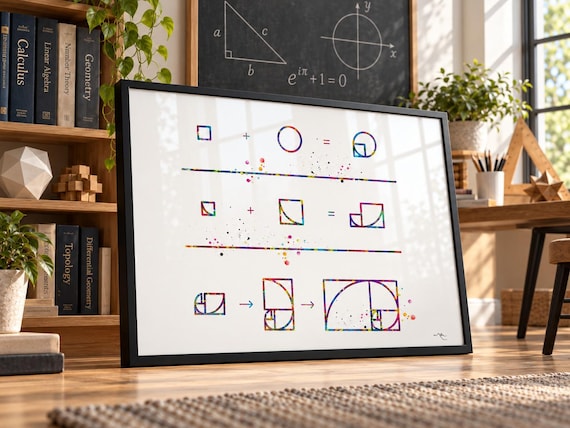 Fibonacci Sequence Watercolor Print: Golden Ratio Spiral, Geometric Science Art-420