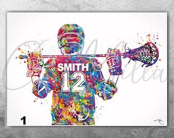 Lacrosse Male Player Personelized Watercolor Print Male Gift Boy Lacrosse Man Boy Teen Decor Man Cave Decor Customize Gift Wall Art-2401