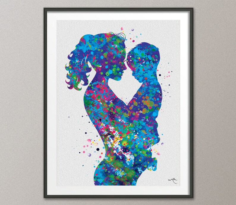Mother and Son Watercolor Print Blue Parent Gift Family Mother image 0