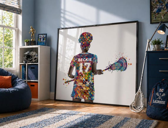 Personalized Lacrosse Girl Watercolor Print: Black Girl Afro Art-2578