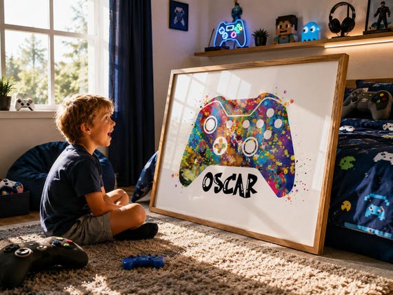 Personalized Gamer Watercolor Print: Joystick Nursery Decor-1987