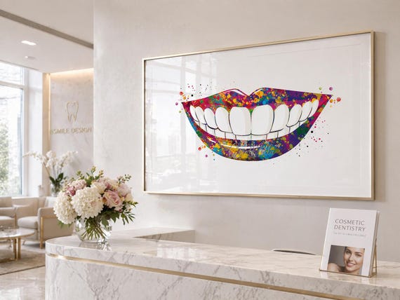 Smiling Mouth Dental Art Print: Watercolor Tooth Office Decor-747