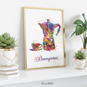 Buongiorno Moka Pot Watercolor Print, Italian Coffee Art-2202 image 3