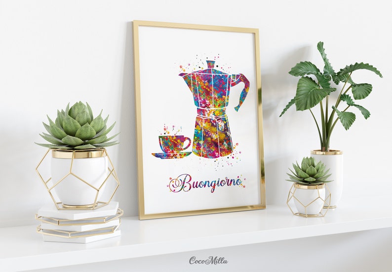 Buongiorno Moka Pot Watercolor Print, Italian Coffee Art-2202 image 3