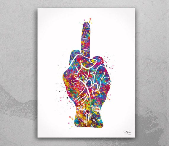 Middle Finger Watercolor Print: Colorful Hand Sign Wall Art-2288