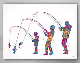 Fishing Family Watercolor Print dad and two son fishing poster Housewarming Gift Teen Wall Art Father and Sons Teen Gift Nursery Decor-2231