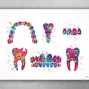 Dentist Art Watercolor Print Tooth Teeth Anatomical Dental Office Clinic Dentistry Dental Implant Orthodontic Orthodontist Teeth Braces-260