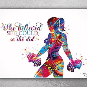 Bodybuilding Watercolor Print Fitness Girl Quote Fit Girl Mom Female Woman Dumbbells Wall Art Gym Weight Lifting Sport Weight Training-2487