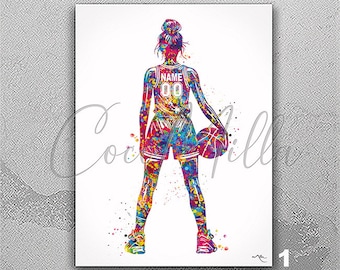 Personalized Female Basketball Player Watercolor Print Gift Girl Basketball Women Teen Room Decor Poster Sport Customize Gift Wall Art-2844