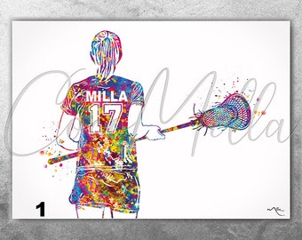 Lacrosse Player Girl Women Female Personalized Watercolor Print Sports Girl Teen Room Decor Personalized Gift Customize Wall Art Gift-2481