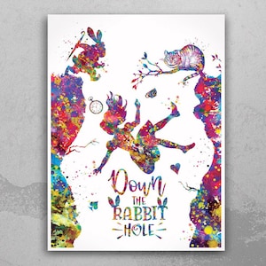 Alice Down the Rabbit Hole Watercolor Print Nursery Decoration Teen Wall Art Gift Home Decor Wall Hanging Kids Room Decor Wall Decor-848